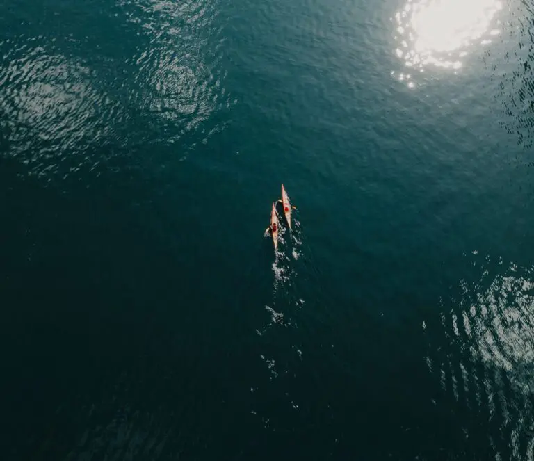 2 kayaks in the water, drone view - Kayaking - Norway fjord - hiking in Norway - kayaking - from Brussels airport